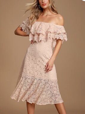 Jaclyn Blush Pink Lace Off-the-Shoulder Midi Dress
